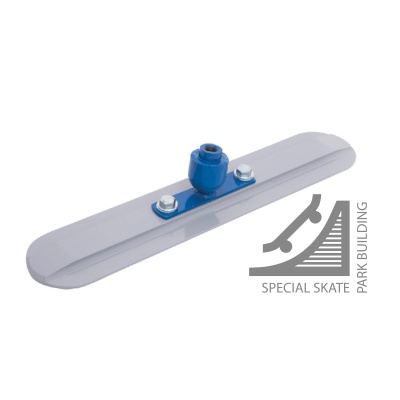 Roda de skate metálica com suporte azul em fundo branco e logotipo