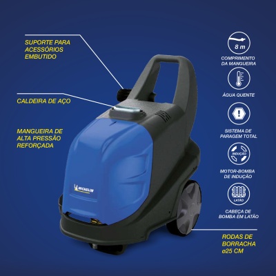 Máquina de alta pressão azul com estrutura preta e rodas grandes de borracha, sobre fundo azul escuro com texto explicativo em português.