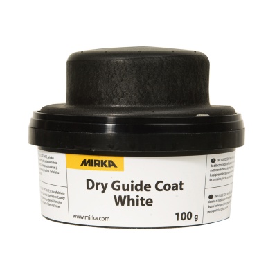 Embalagem preta e branca de produto Mirka Dry Guide Coat White com tampa preta e rótulo amarelo.