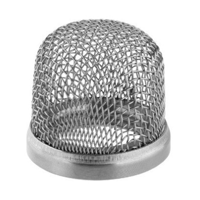 Filtro de rede metálica prateado com base circular sólida.