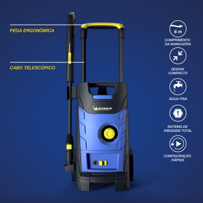 Lavadora de alta pressão azul e preta com pega ergonómica e cabo telescópico
