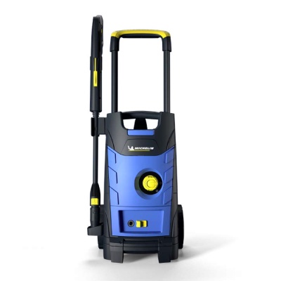 Lavadora de alta pressão azul e preta com detalhes amarelos e pega extensível
