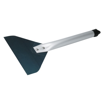Espátula metálica com cabo prateado e cabeça preta triangular