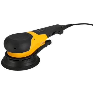Lixadora elétrica preta e amarela com base para disco abrasivo.