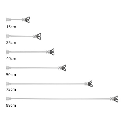 Conjunto de extensores metálicos com extremidades plásticas pretas e uma ponta branca, em vários comprimentos