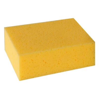 Esponja retangular amarela com textura porosa