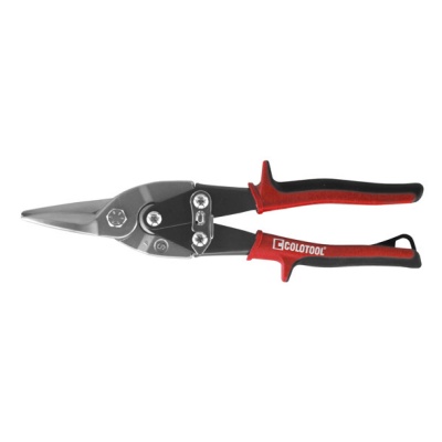 Tesoura de corte de chapa com punhos vermelhos e pretos e lâminas metálicas