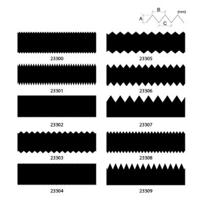 Dez tipos diferentes de lâminas de serra com dentes variados e números de referência.