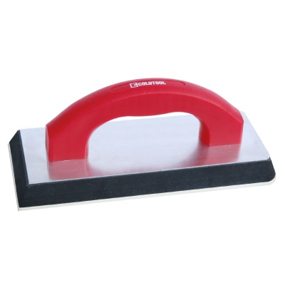 Esfregão com cabo vermelho e base metálica retangular