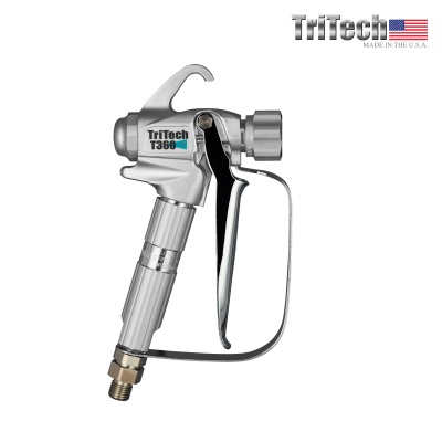 Pistola de pintura metálica prateada TriTech T360 com inscrição e logo