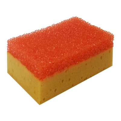 Esponja retangular bicolor vermelha e amarela