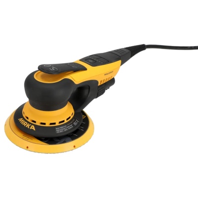 Lixadora elétrica amarela e preta MIRKA DEROS com disco de lixagem circular.