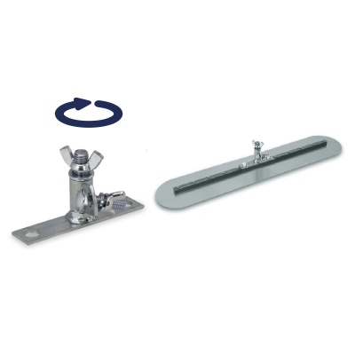 Suporte metálico articulado com base e parafuso de aperto, peça alongada com ranhura