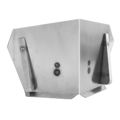 Suporte metálico de parede cinza com quatro parafusos e dois suportes laterais