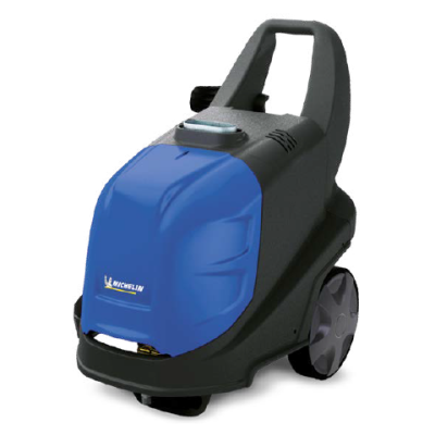 Máquina de limpeza azul e preta com rodas e logótipo MICHELIN