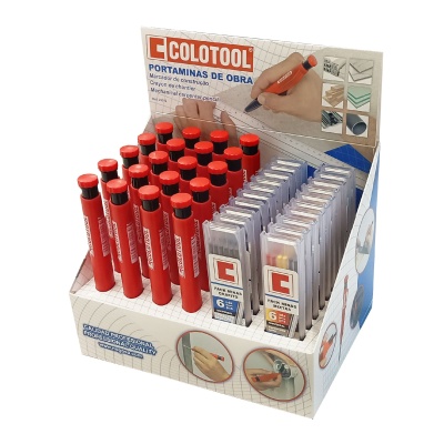 Expositor com porta-marcadores de obra COLOTOOL e packs de minas numa caixa de cartão