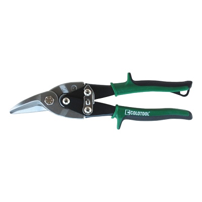 Tesoura de cortar chapa com punhos verde e preto e texto COLOTOOL