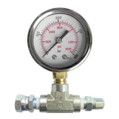 Manómetro redondo com caixa metálica e escala em psi e bar montado em estrutura metálica em T