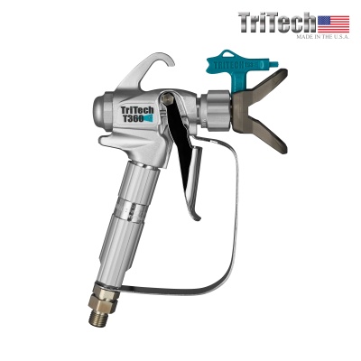 Pistola de pintura metálica prateada TriTech T360 com detalhes em azul e preto