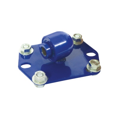 Peça metálica azul com parafusos prateados e componente cilíndrico central