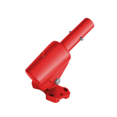 Suporte metálico vermelho com base de fixação e tubo cilíndrico.