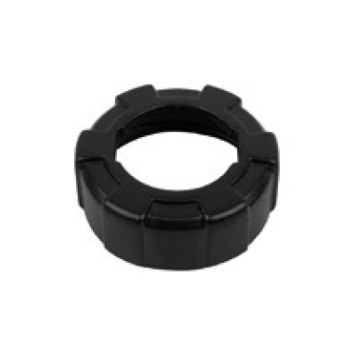 Peça circular preta em plástico, com formato segmentado.
