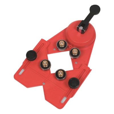 Suporte de montagem vermelho com parafusos dourados e alavanca preta