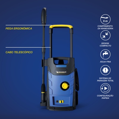 Máquina de lavar alta pressão azul e preta com pega amarela e cabo telescópico