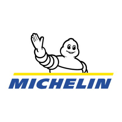 Logotipo da Michelin com Boneco Michelin acenando e texto azul MICHELIN