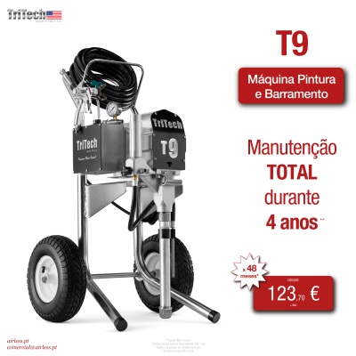 Máquina de pintura e barramento Tritech T9 com texto promocional em português