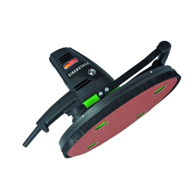 Lixadeira elétrica preta com disco abrasivo vermelho e punho adicional