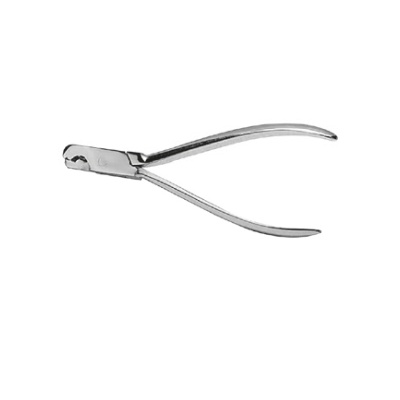 Alicate pequeno metálico prateado com cabo curvado