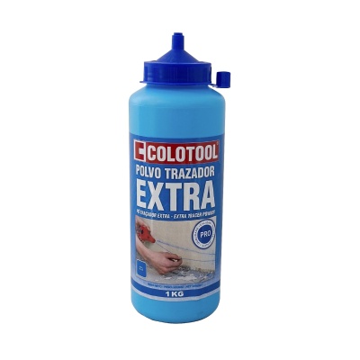 Frasco azul de plástico com tampa doseadora e rótulo COLOTOOL Polvo Trazador Extra