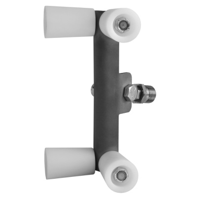 Suporte metálico cinzento com quatro rodas brancas e parafuso hexagonal