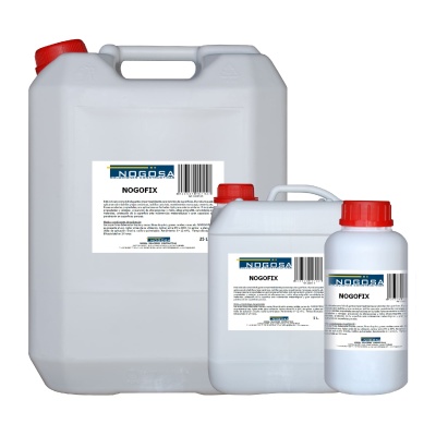 Recipientes plásticos brancos com tampas vermelhas do produto NOGOFIX