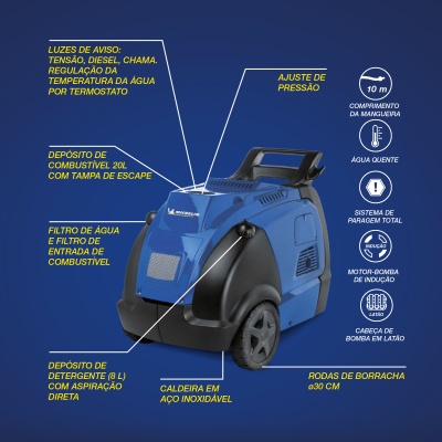 Máquina de limpeza azul com etiquetas indicativas em português