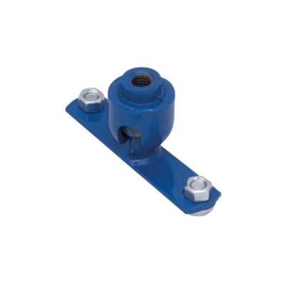 Peça metálica azul com rosca e base retangular azul com dois parafusos.