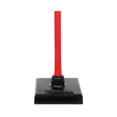 Suporte base quadrado preto com haste vermelha vertical