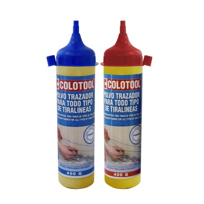 Frascos de pó traçador COLOTOOL com tampas azul e vermelha.