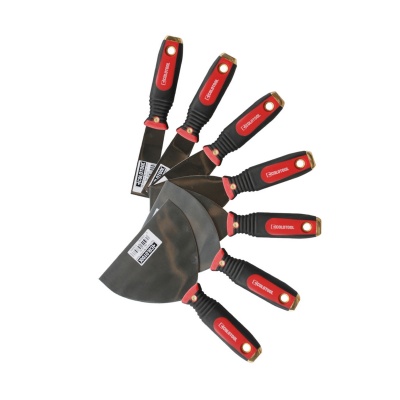 Conjunto de seis espátulas com cabos ergonómicos preto e vermelho e lâminas metálicas