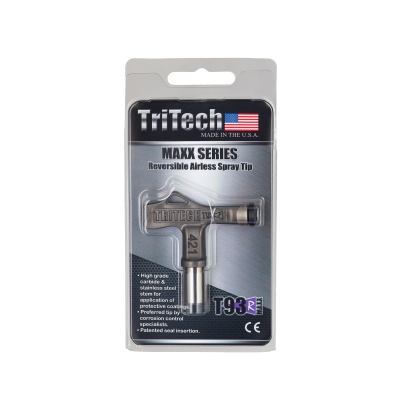 Spray tip TriTech MAXX SERIES T93R em embalagem transparente com cartão cinzento e preto