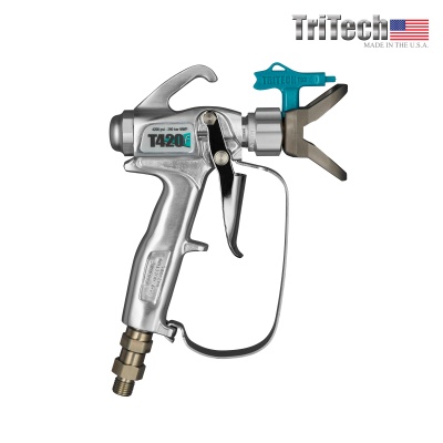 Pistola de pulverização metálica prateada com componentes em azul e preto