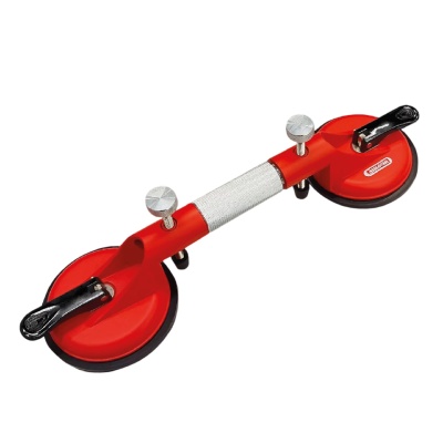 Dispositivo de sucção duplo vermelho e metal prateado com alavancas pretas