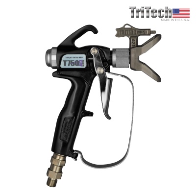 Pistola de pulverização TriTech T750E preta com detalhes metálicos e texto azul e roxo