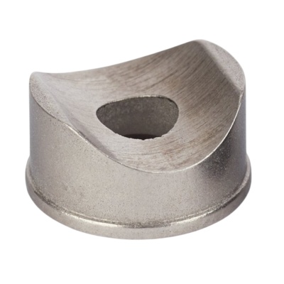 Peça metálica cilíndrica com superfície curva e um buraco no centro