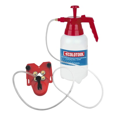 Ferramenta COLOTOOL para limpeza com recipiente branco e tampa vermelha e suporte vermelho.