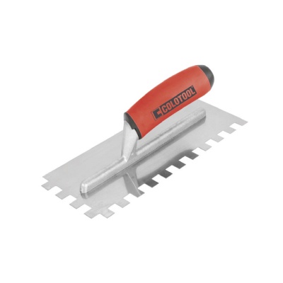 Espátula dentada com cabo vermelho e preto e lâmina metálica com dentes quadrados