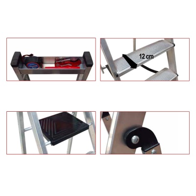 Detalhes de escada metálica com degraus antiderrapantes e ferramentas no topo