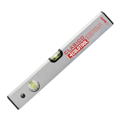 Nível de bolha retangular em alumínio prateado com texto vermelho e bolhas visíveis