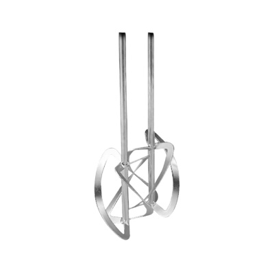 Misturador de argamassa metálico prateado com hastes verticais.